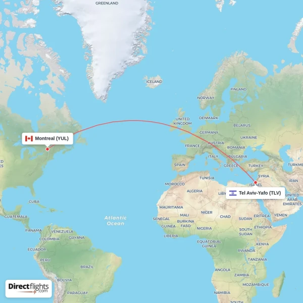 Tel Aviv-Yafo - Montreal direct flight map