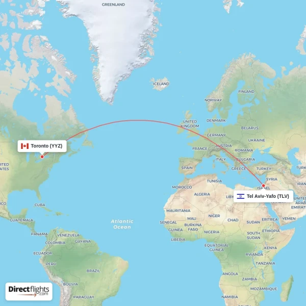 Tel Aviv-Yafo - Toronto direct flight map