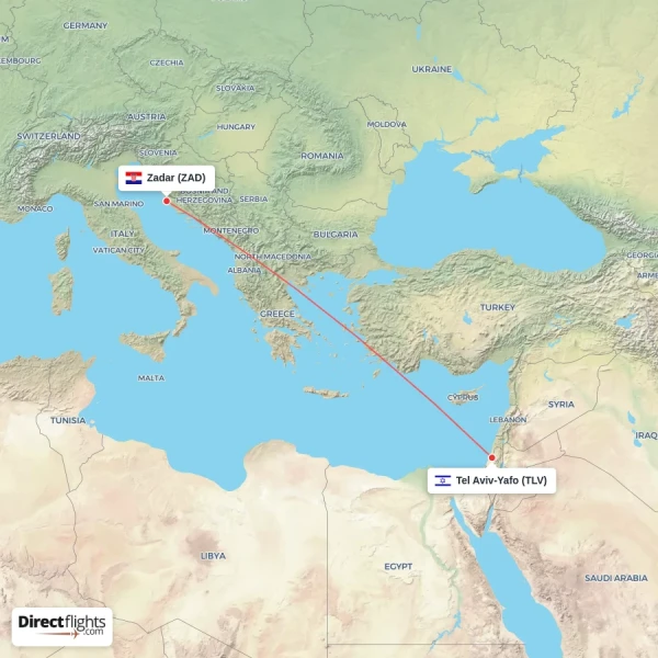 Tel Aviv-Yafo - Zadar direct flight map