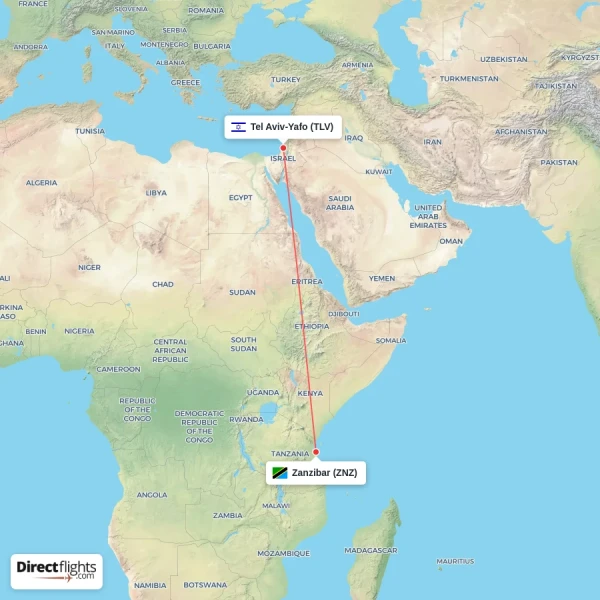 Tel Aviv-Yafo - Zanzibar direct flight map