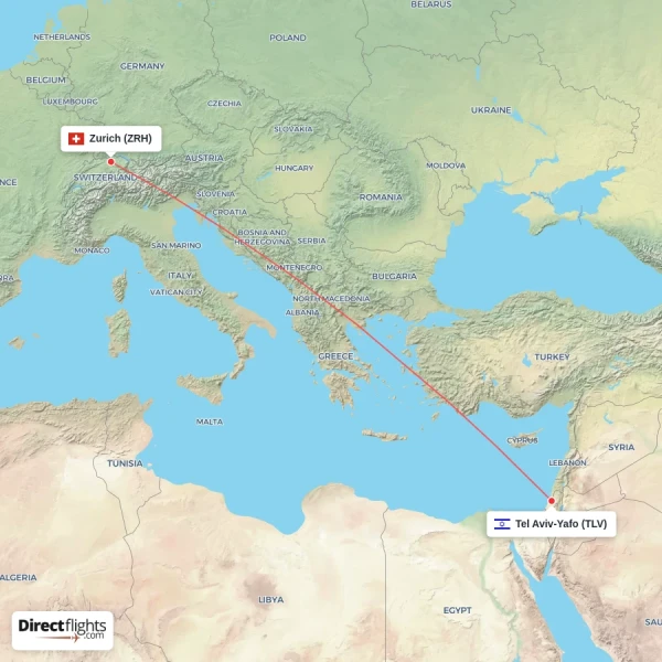 Tel Aviv-Yafo - Zurich direct flight map