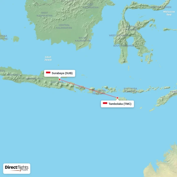 Tambolaka - Surabaya direct flight map