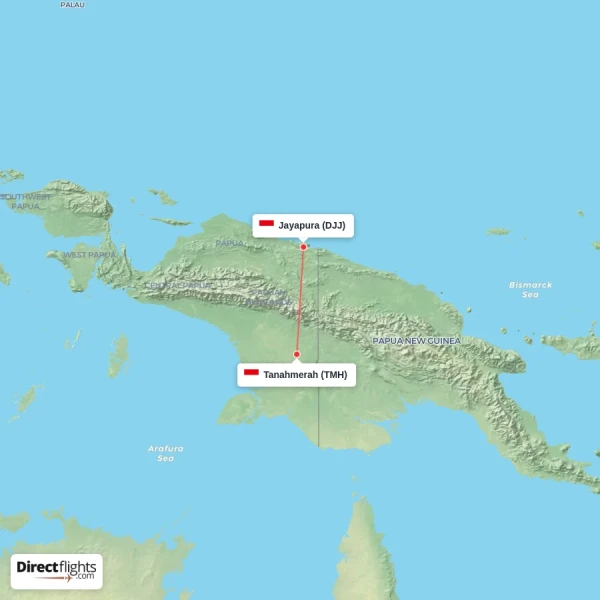 Tanahmerah - Jayapura direct flight map