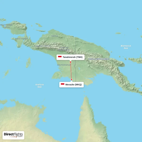 Tanahmerah - Merauke direct flight map