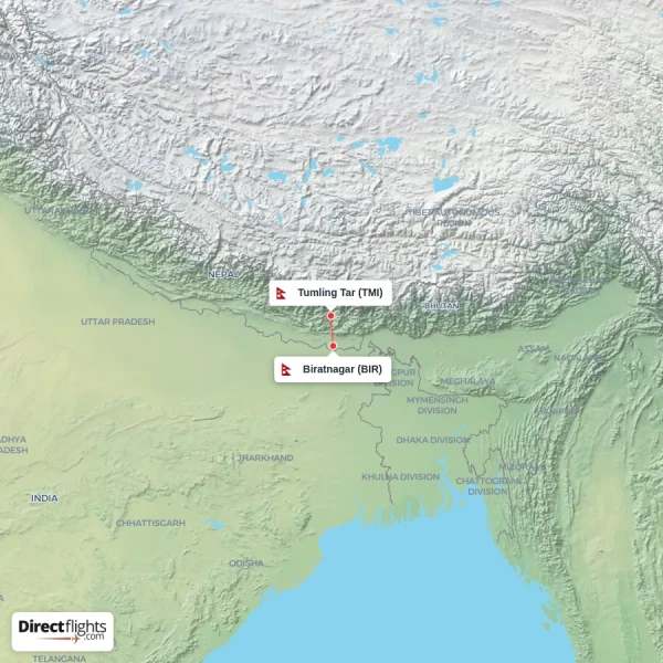 Tumling Tar - Biratnagar direct flight map