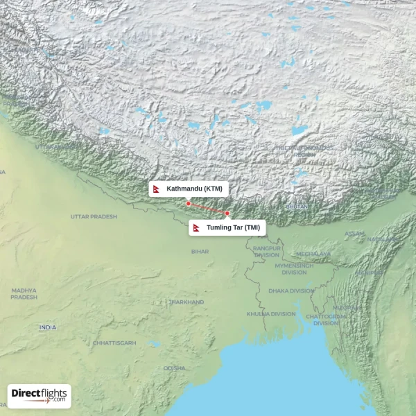 Tumling Tar - Kathmandu direct flight map