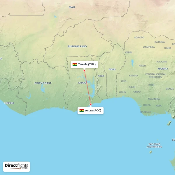 Tamale - Accra direct flight map