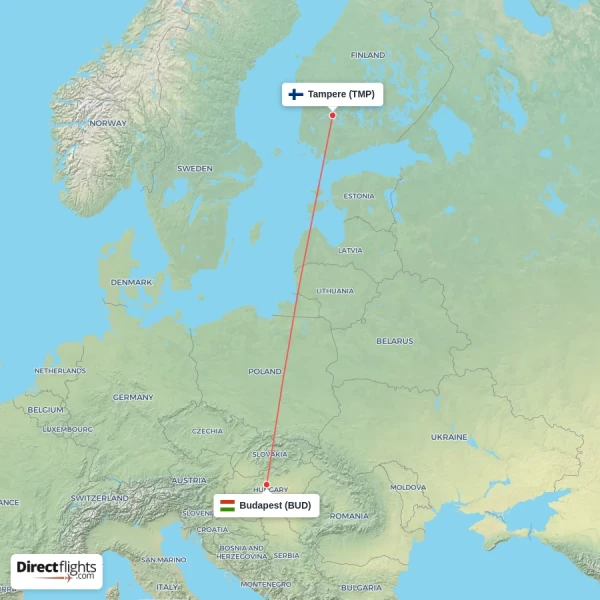 Tampere - Budapest direct flight map