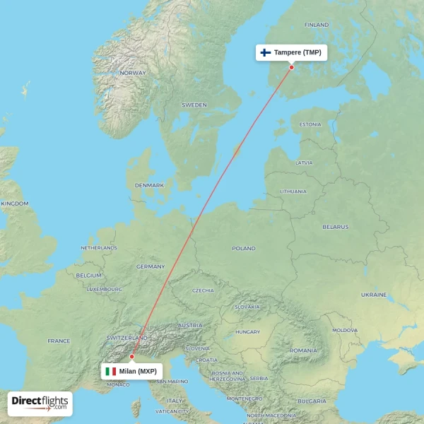 Tampere - Milan direct flight map