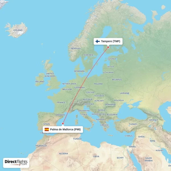 Tampere - Palma de Mallorca direct flight map