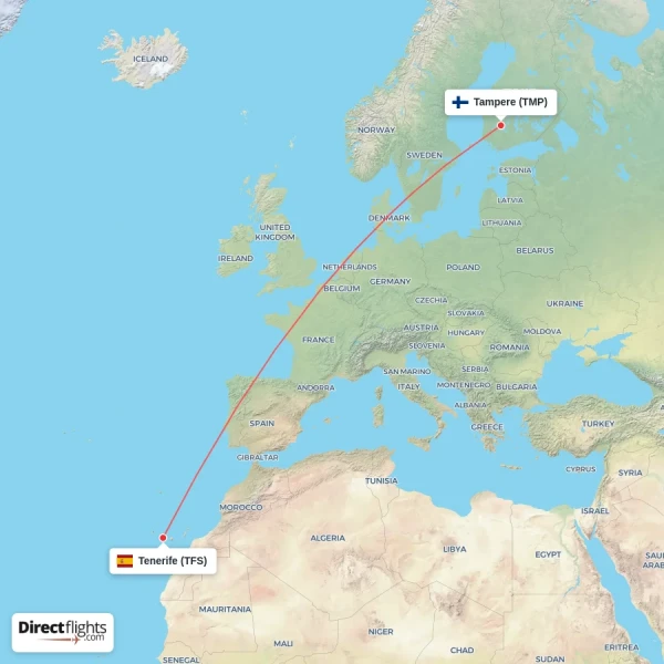 Tampere - Tenerife direct flight map