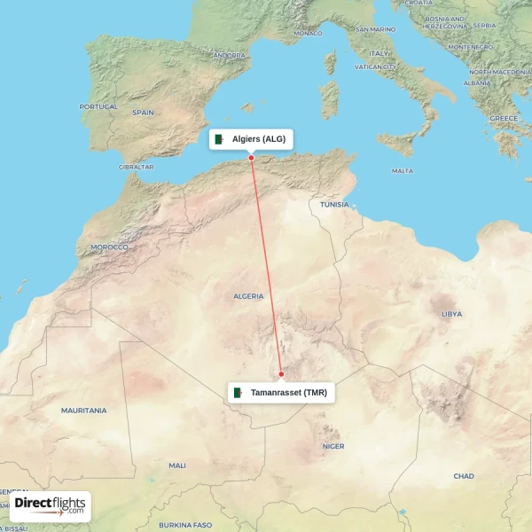 Tamanrasset - Algiers direct flight map