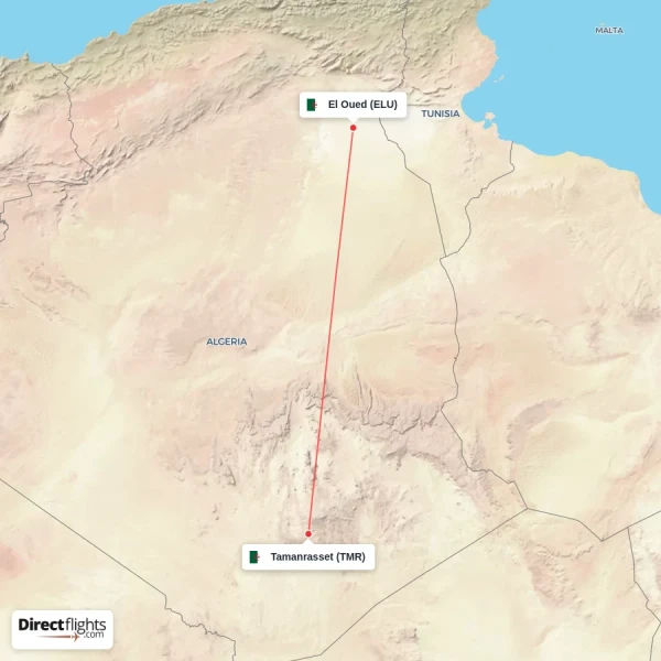 Tamanrasset - El Oued direct flight map