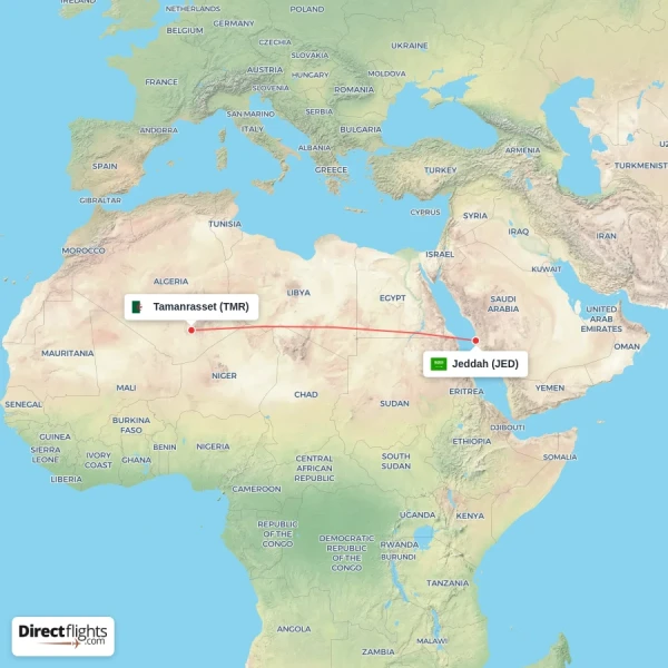 Tamanrasset - Jeddah direct flight map