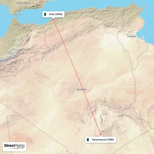 Tamanrasset - Oran direct flight map