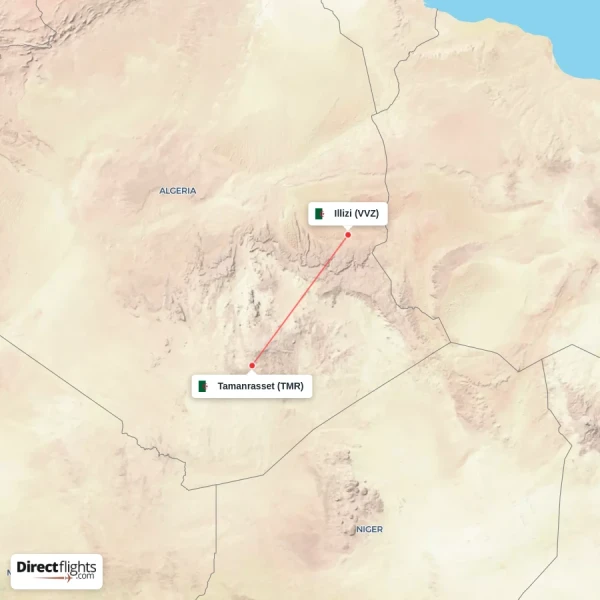 Tamanrasset - Illizi direct flight map