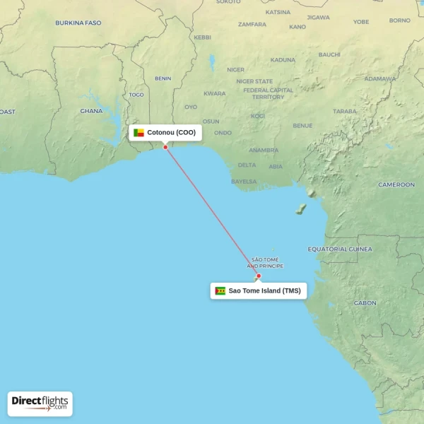 Sao Tome Island - Cotonou direct flight map