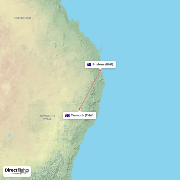 Tamworth - Brisbane direct flight map