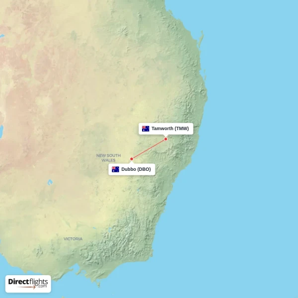 Tamworth - Dubbo direct flight map