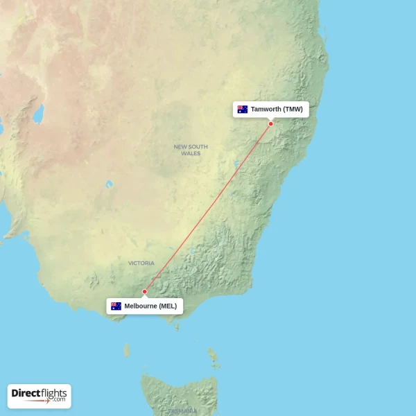 Tamworth - Melbourne direct flight map