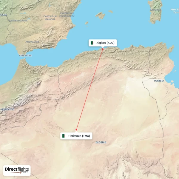Timimoun - Algiers direct flight map