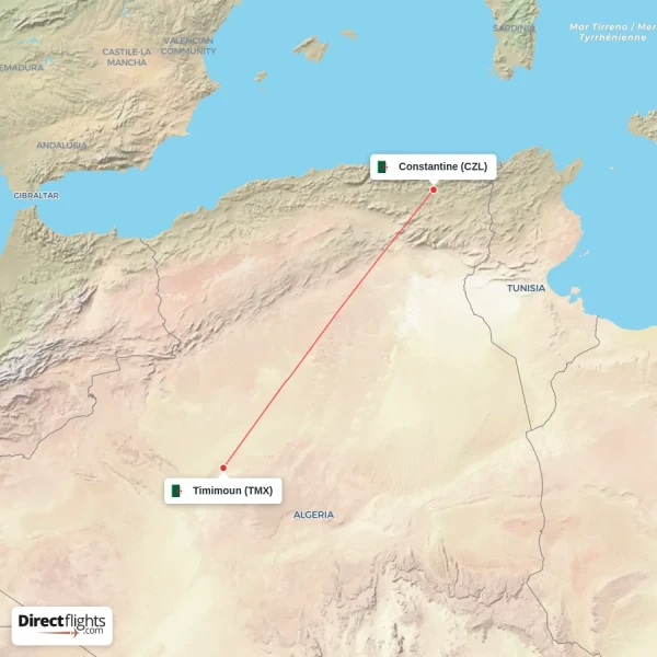 Timimoun - Constantine direct flight map