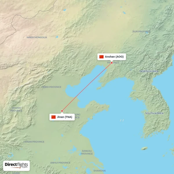 Jinan - Anshan direct flight map