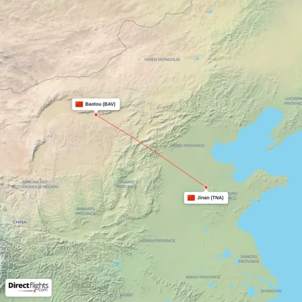 Jinan - Baotou direct flight map