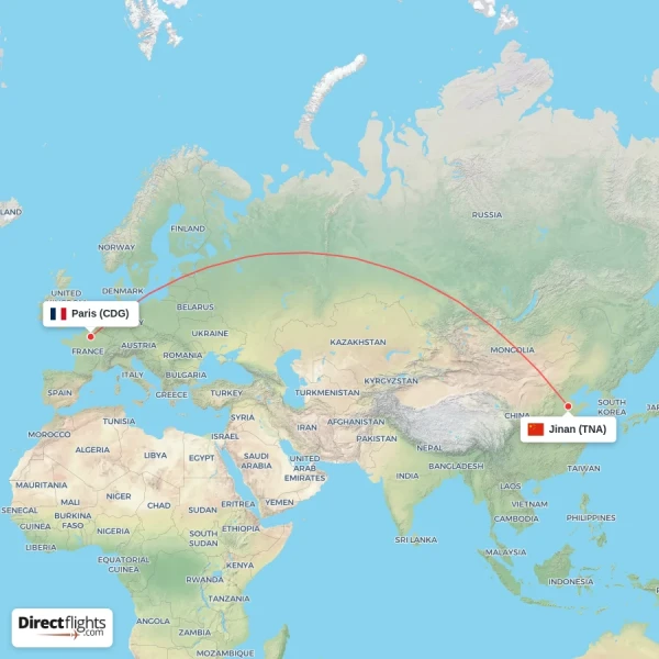 Jinan - Paris direct flight map