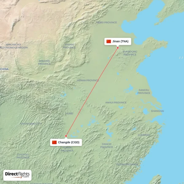 Jinan - Changde direct flight map