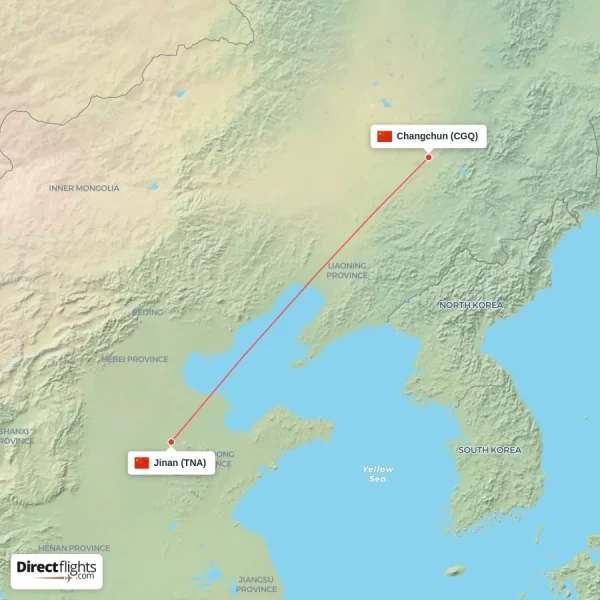 Jinan - Changchun direct flight map