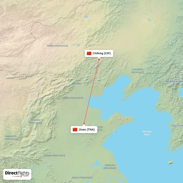 Jinan - Chifeng direct flight map