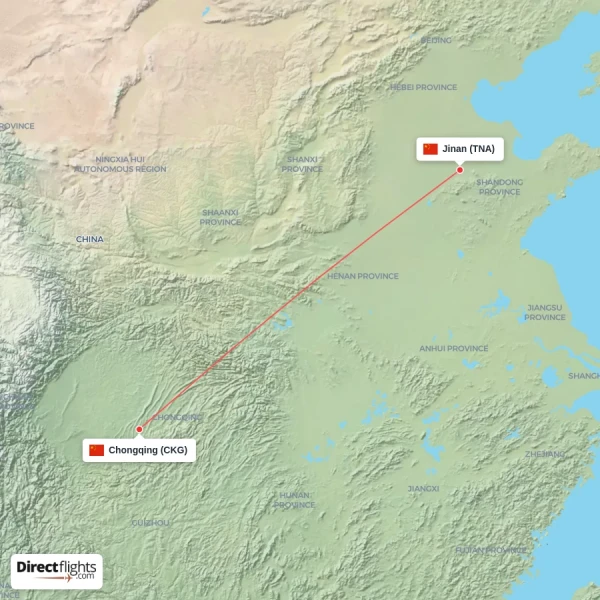 Jinan - Chongqing direct flight map