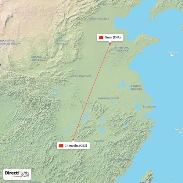 Jinan - Changsha direct flight map