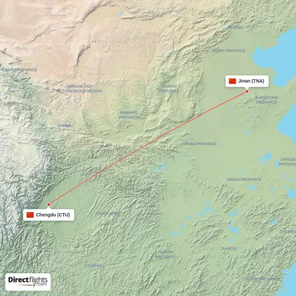 Jinan - Chengdu direct flight map