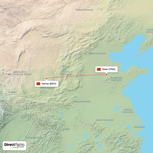 Jinan - Yan'an direct flight map