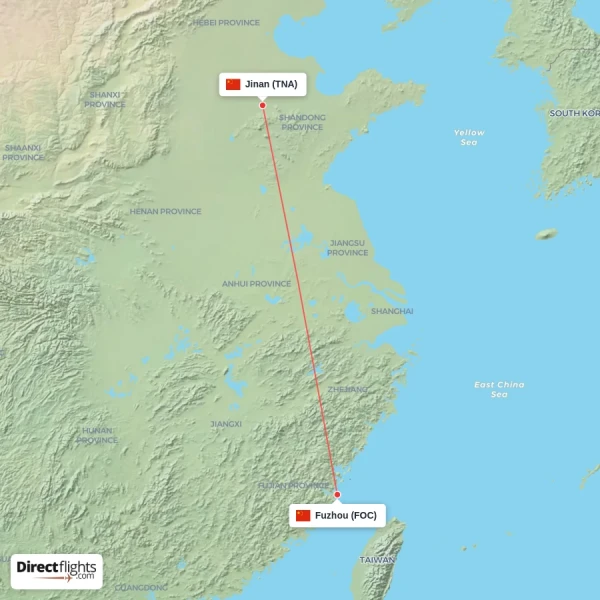 Jinan - Fuzhou direct flight map