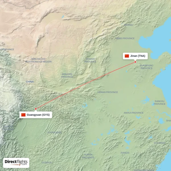 Jinan - Guangyuan direct flight map