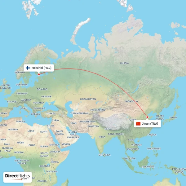 Jinan - Helsinki direct flight map