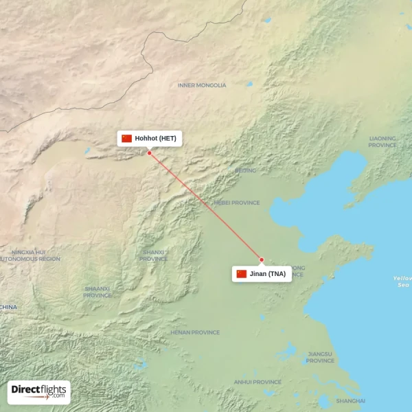 Jinan - Hohhot direct flight map