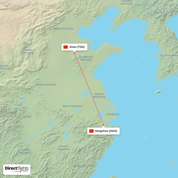 Jinan - Hangzhou direct flight map