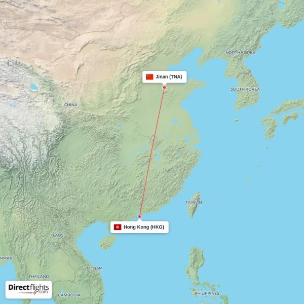 Jinan - Hong Kong direct flight map