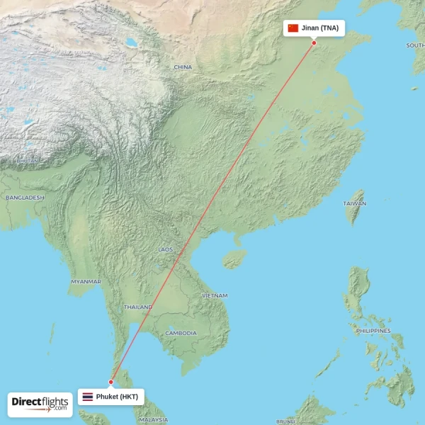 Jinan - Phuket direct flight map