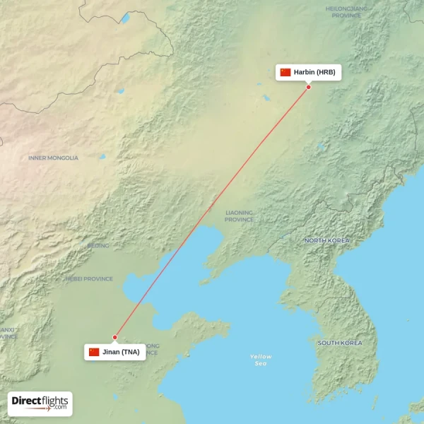 Jinan - Harbin direct flight map