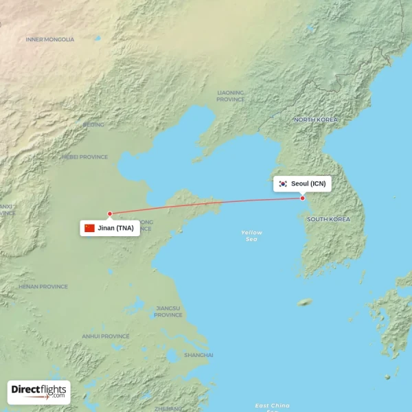 Jinan - Seoul direct flight map