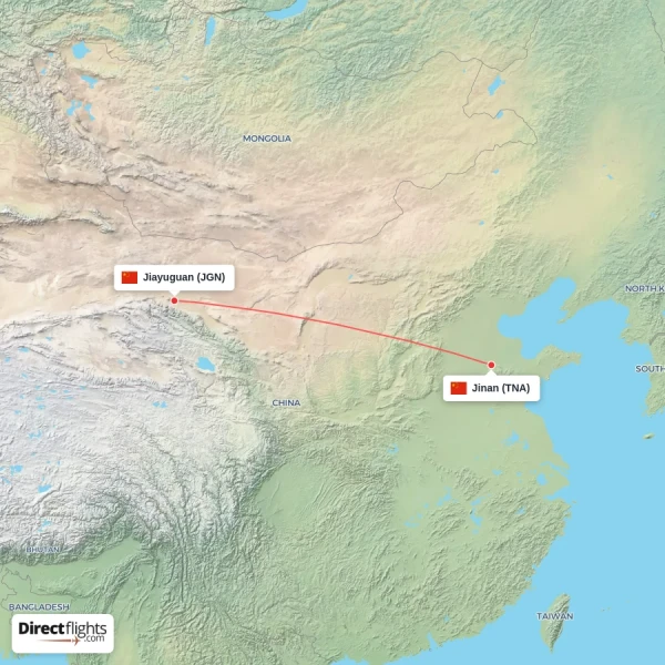 Jinan - Jiayuguan direct flight map