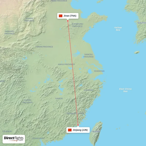 Jinan - Jinjiang direct flight map