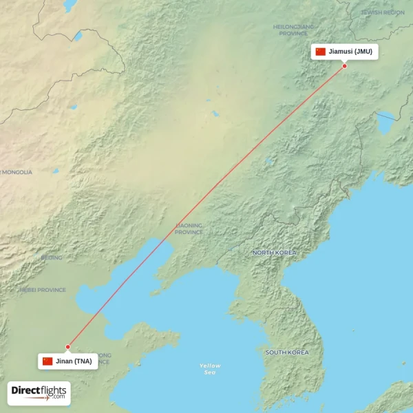 Jinan - Jiamusi direct flight map