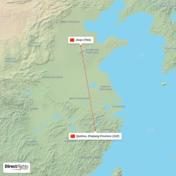 Jinan - Quzhou, Zhejiang Province direct flight map