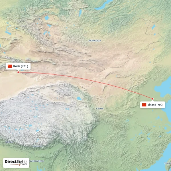 Jinan - Korla direct flight map